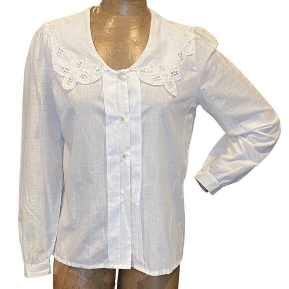 VTG Joseph II USA Button Down Eyelet Lace Pilgrim Collar Top 12 White #240K - Picture 1 of 8